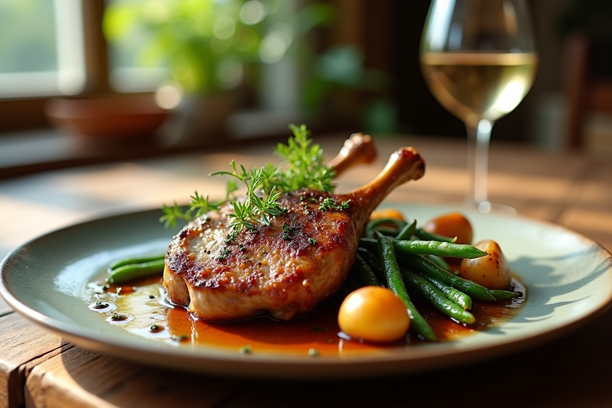 Magret de canard présenté avec pommes de terre et haricots verts