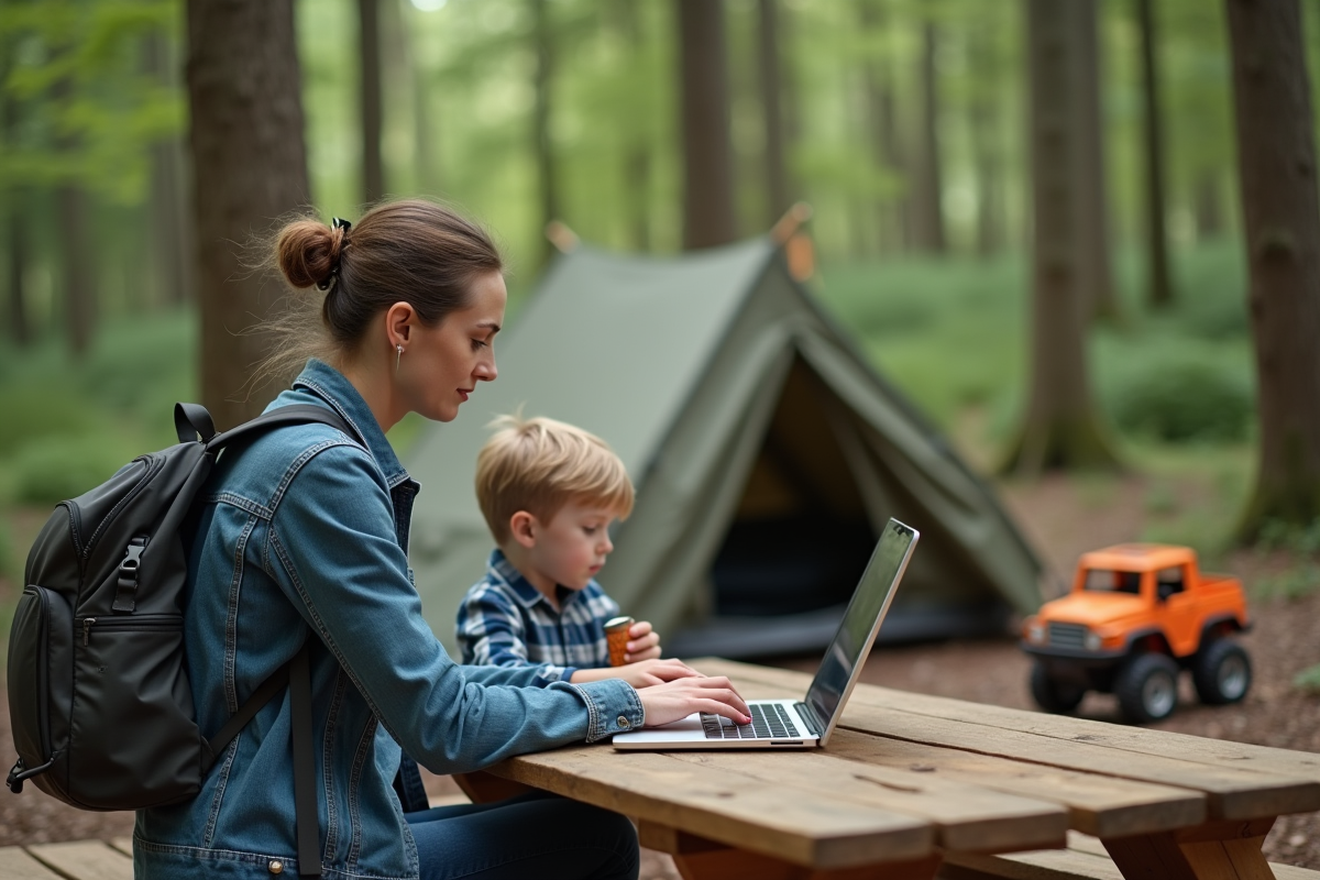 Maman travaillant en nature avec son enfant en camping
