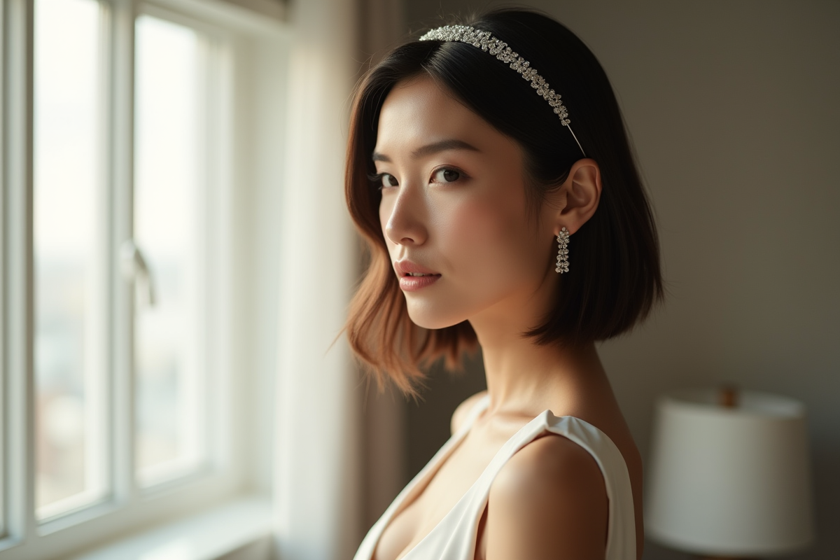 Mariée moderne avec coiffure droite dans un loft urbain lumineux
