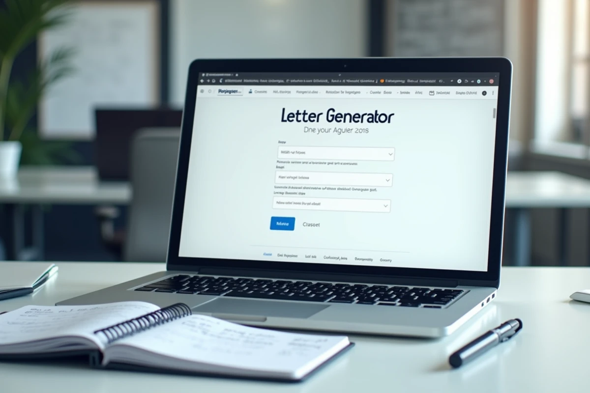 Ordinateur portable ouvert sur un générateur de lettres en ligne avec un carnet de notes manuscrites sur un bureau professionnel