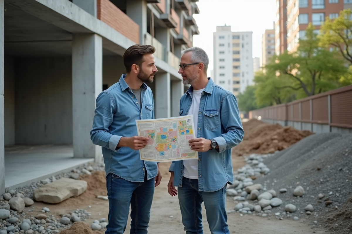 Homme discutant avec un collègue sur un chantier urbain