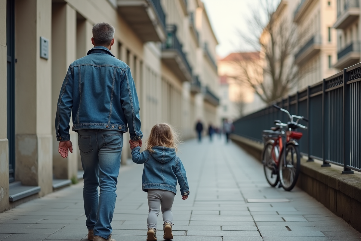 Père et fille marchant dans une rue résidentielle calme