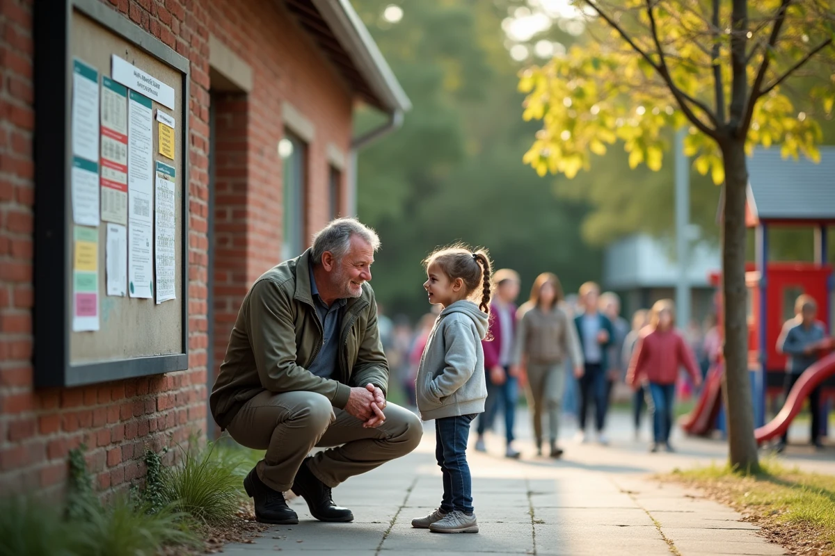 Père parlant avec sa fille devant un tableau d