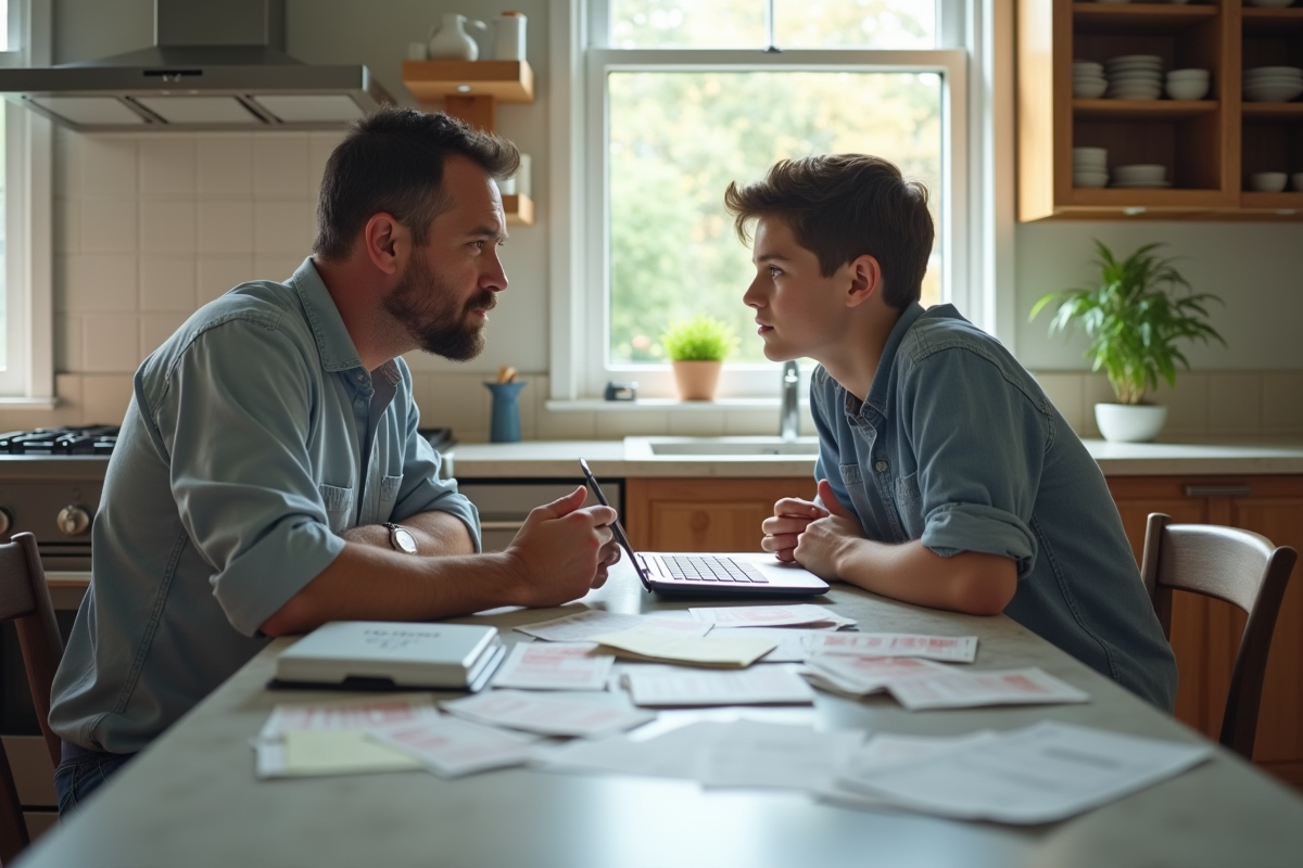 Père et fils discutant gestion des dépenses