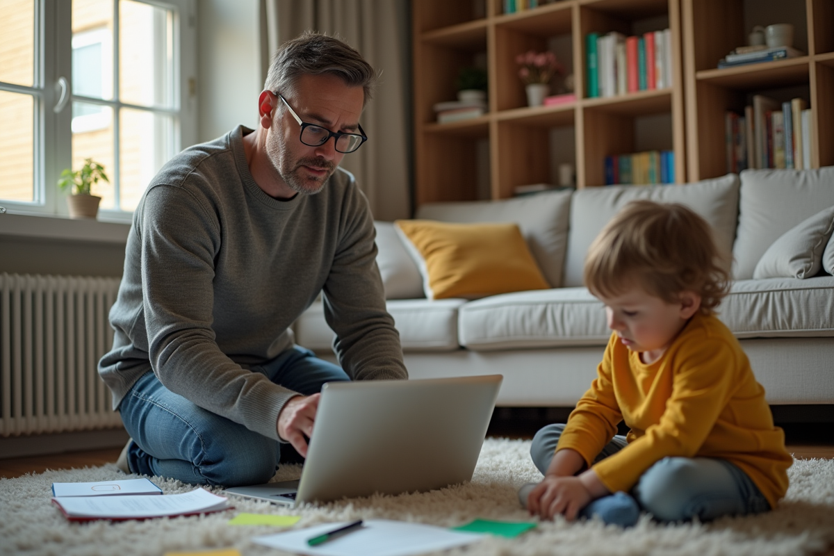 Père jouant avec son enfant à la maison en travaillant