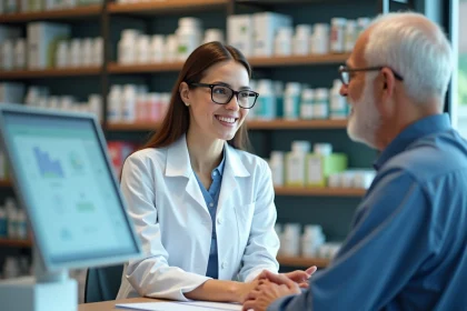 Pharmacienne souriante conseille un senior à la pharmacie