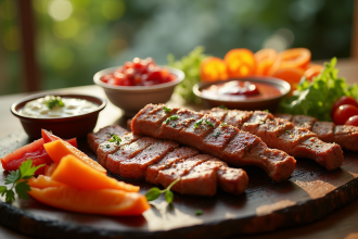 Pierrade colorée sur une table en bois avec viande et légumes