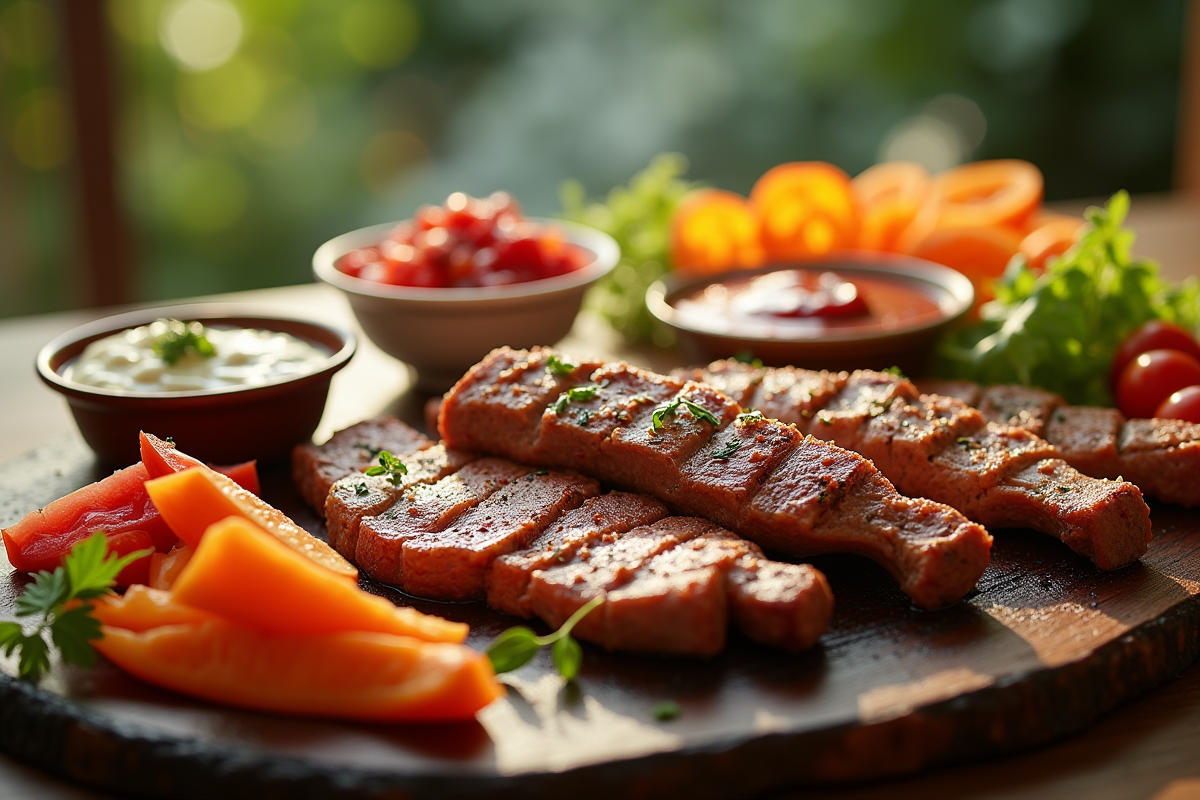 Pierrade colorée sur une table en bois avec viande et légumes
