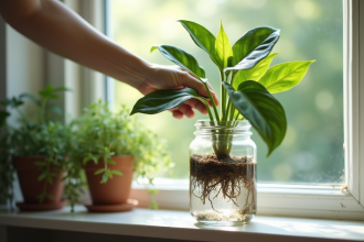 Main plaçant un pothos dans un verre d'eau près d'une fenêtre lumineuse