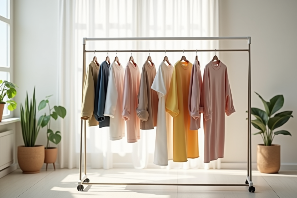 Portant avec vêtements simples dans une pièce lumineuse