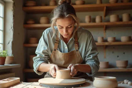 Femme façonnant de la poterie dans un atelier lumineux