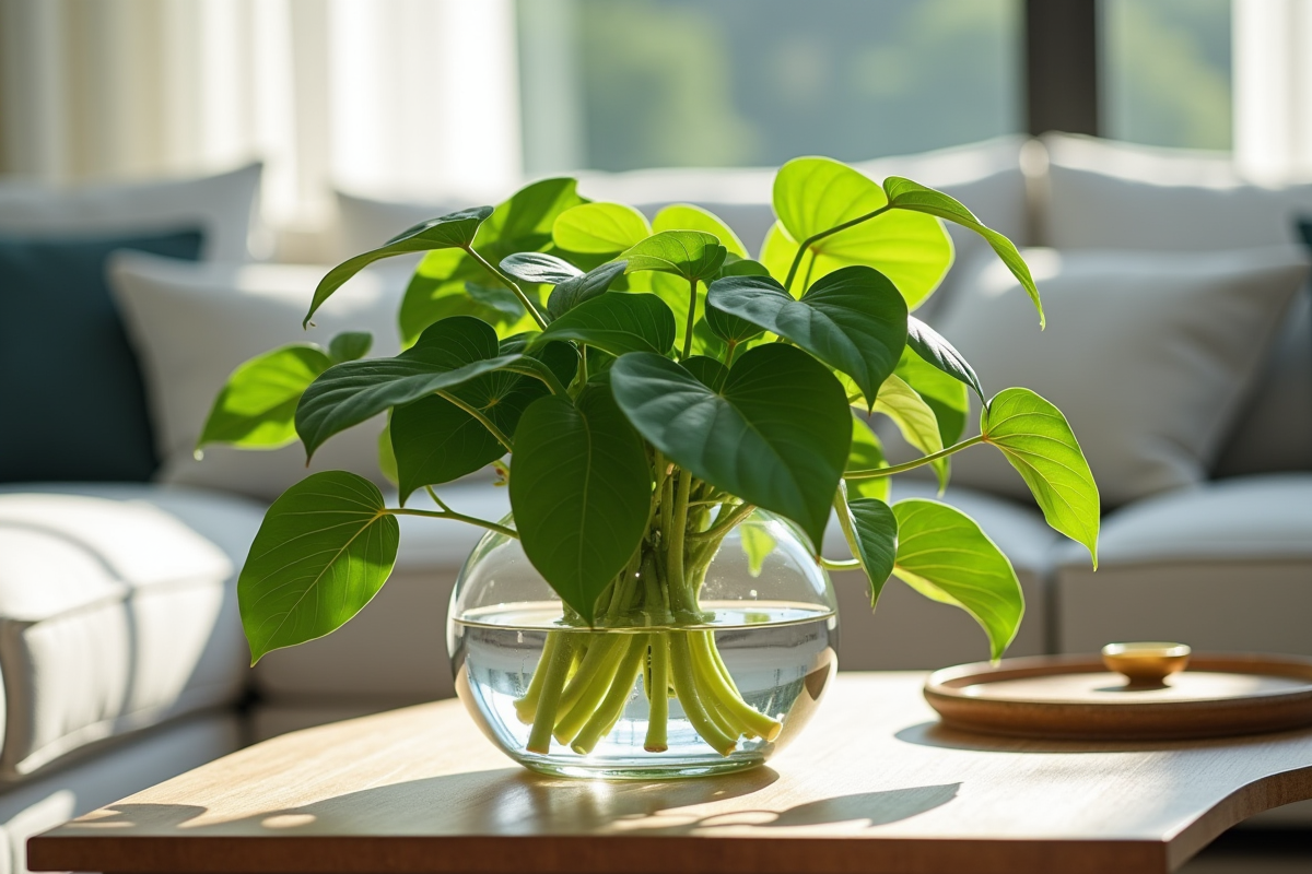 Pothos luxuriant dans un vase sur une table moderne de salon