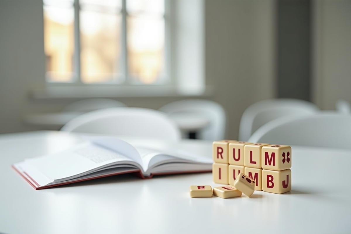 Rummikub avec règle et tuiles organisées sur une table blanche