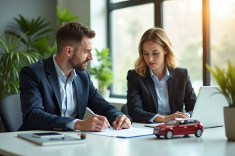 Deux professionnels discutent documents d'assurance voiture