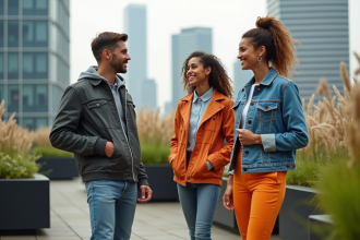 Jeunes adultes en mode innovant sur un toit urbain