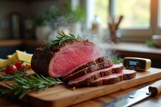 Rôti de boeuf de 800g tranché avec vapeur et romarin