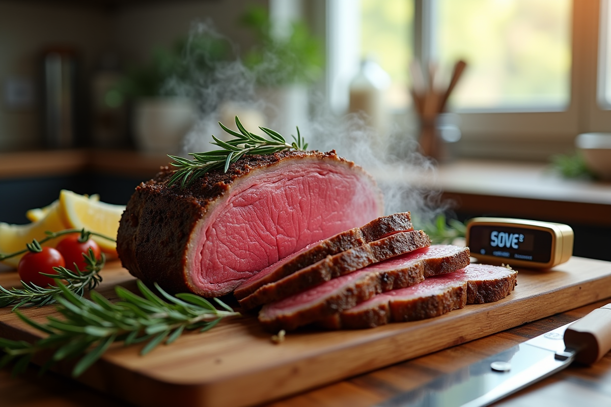 Rôti de boeuf de 800g tranché avec vapeur et romarin