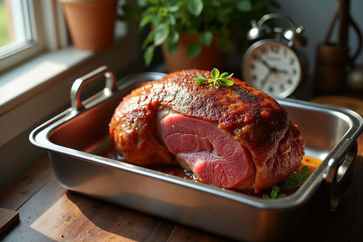 Rôti de boeuf doré dans un plat en inox avec minuterie