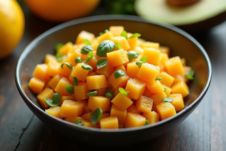 Salade de jacquier et jambul dans un bol vue de dessus