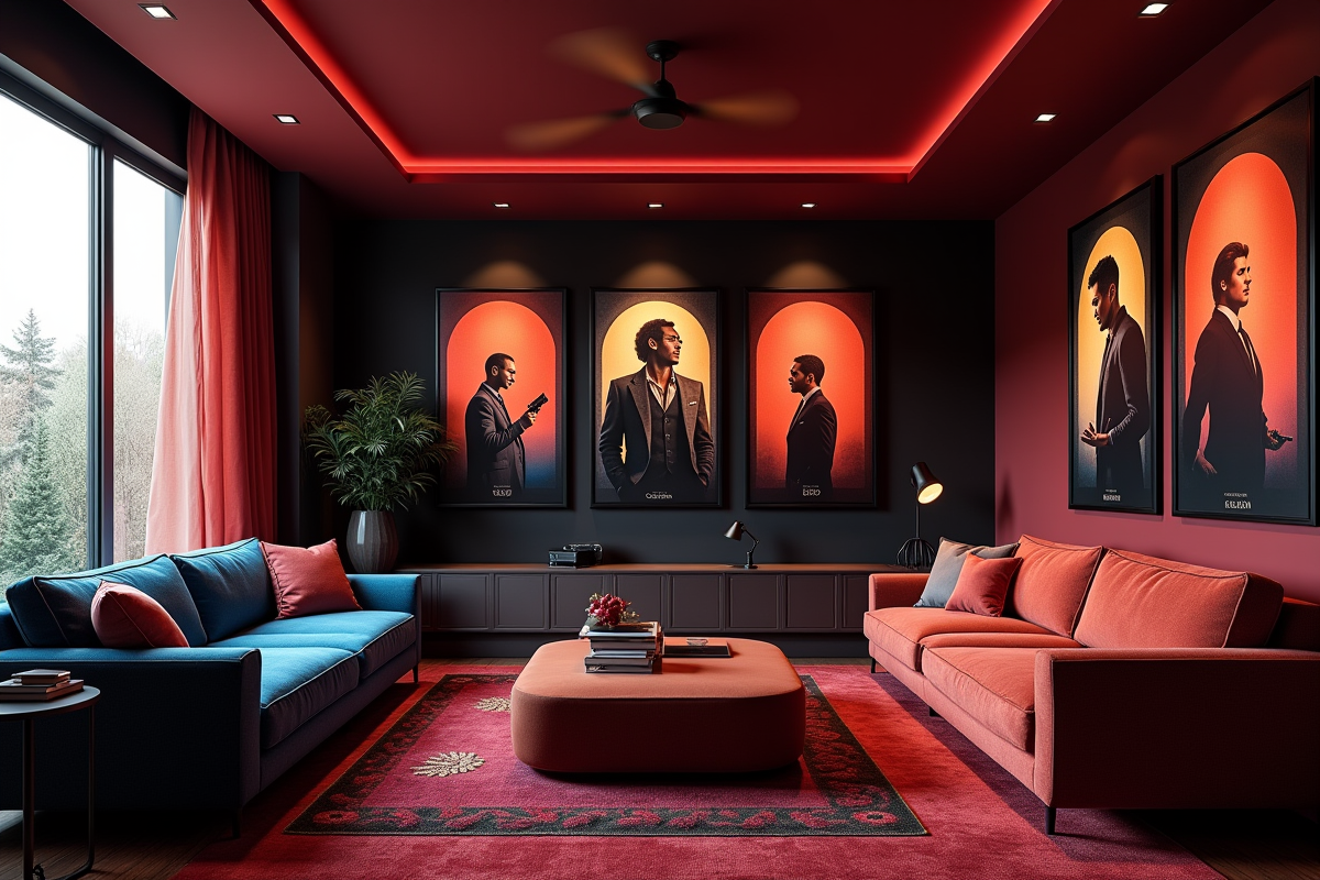 Salle de cinema moderne avec affiches de films et TV avec personnages commençant par B