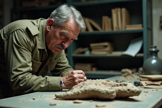 Chercheur en uniforme examine un fossile dans un bunker