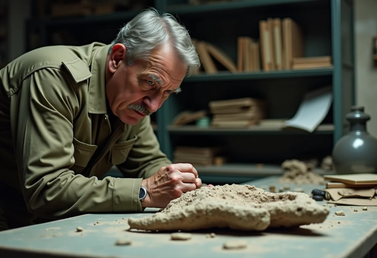 Chercheur en uniforme examine un fossile dans un bunker