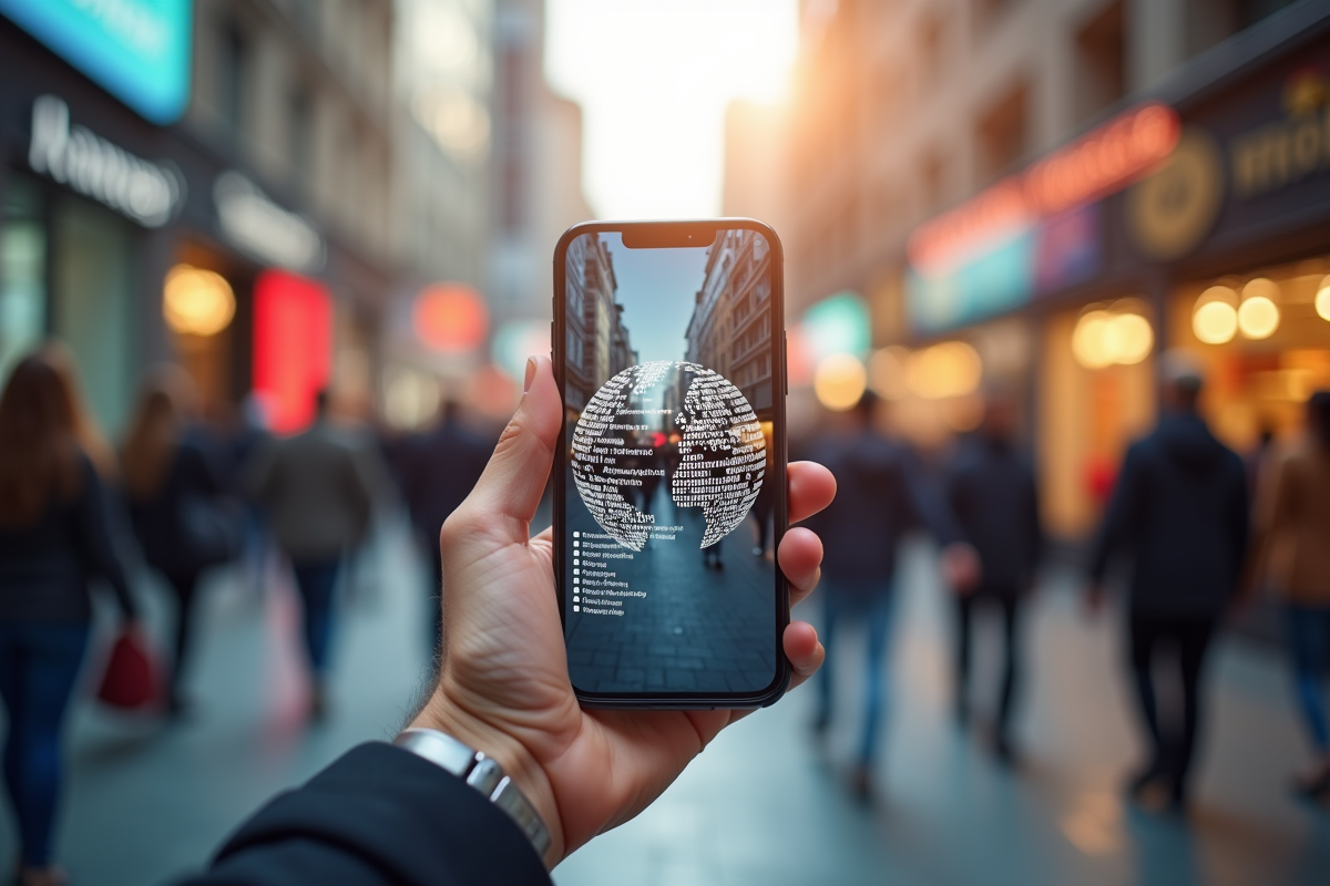 Smartphone avec application de traduction dans un environnement urbain