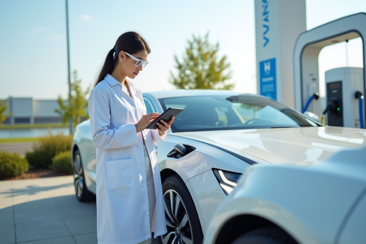 Technicien vérifiant une voiture à hydrogène à la station moderne