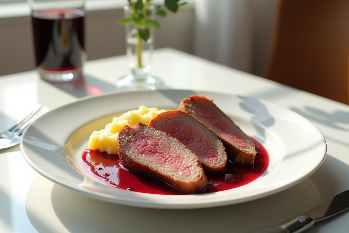 Tranches de magret de canard avec gratin dauphinois et vin rouge