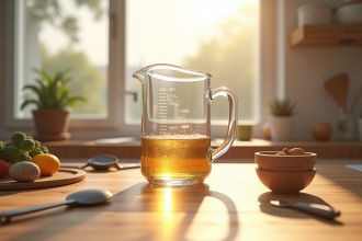 Verre mesureur rempli à 250 cl sur plan de travail en bois lumineux
