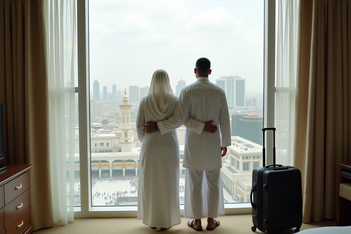 Jeune couple musulman regardant la ville de Mecca depuis la fenêtre